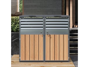 Cache-poubelles 2 compartiments avec couvercle rabattable, ventilation à lames, métal gris