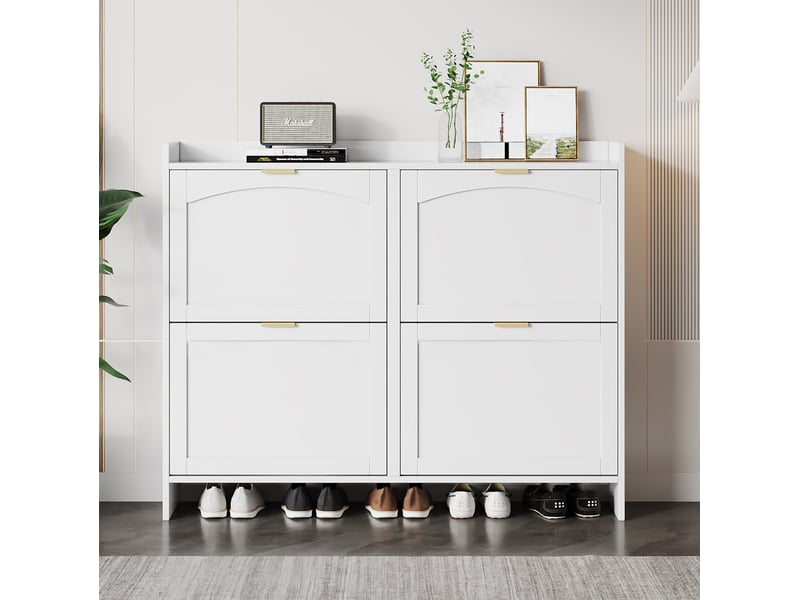  Meuble à chaussures 110x24x90 cm, meuble d'entrée, 4 portes, rangement chaussures, étagères ouvertes, aggloméré blanc  - Conforama B