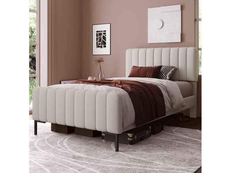  Lit simple 90x190 cm avec sommier et tête de lit réglable, lin gris beige clair, sans matelas  - Conforama W