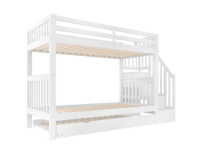 Lit superposé 200 × 90 cm et 190 × 90 cm 3 places avec lit gigogne, étagères d'escalier, sans matelas, blanc - Conforama A