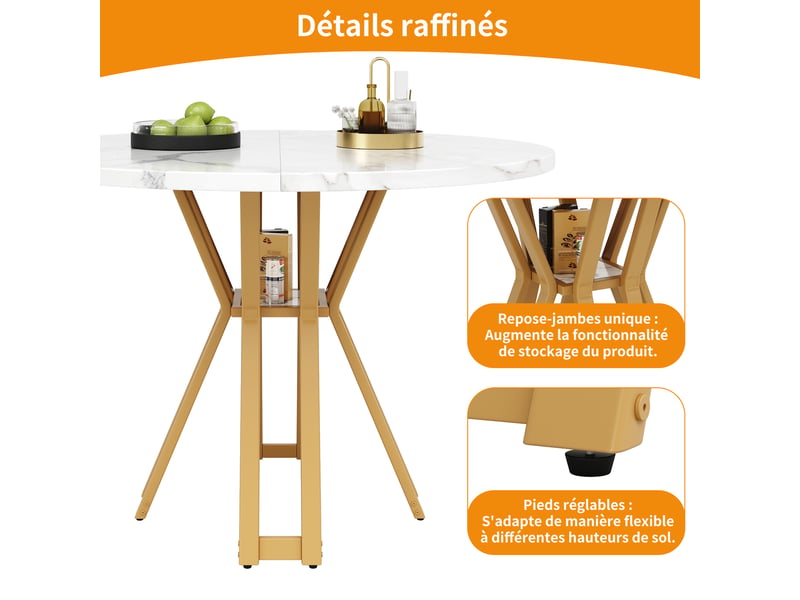  Table ronde, table légère et élégante, idéale pour 4 à 6 personnes, pieds dorés, plateau en mdf effet marbre  - Conforama C