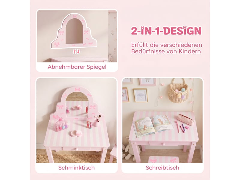  Coiffeuse enfant 2 en 1 avec tabouret et miroir mdf et pin rose et blanc 55x34x82 cm  - Conforama D