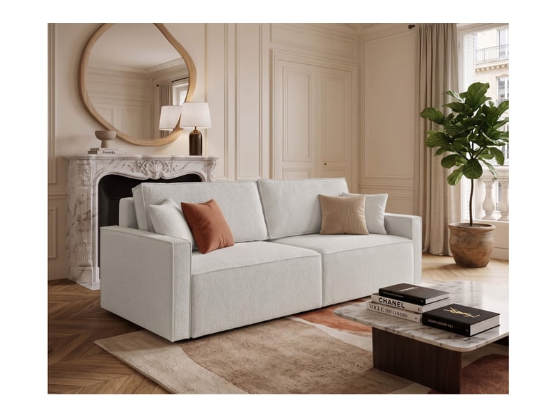  Farah - canapé droit 3 places convertible accoudoirs slim en tissu bouclettes texturées  - Conforama B