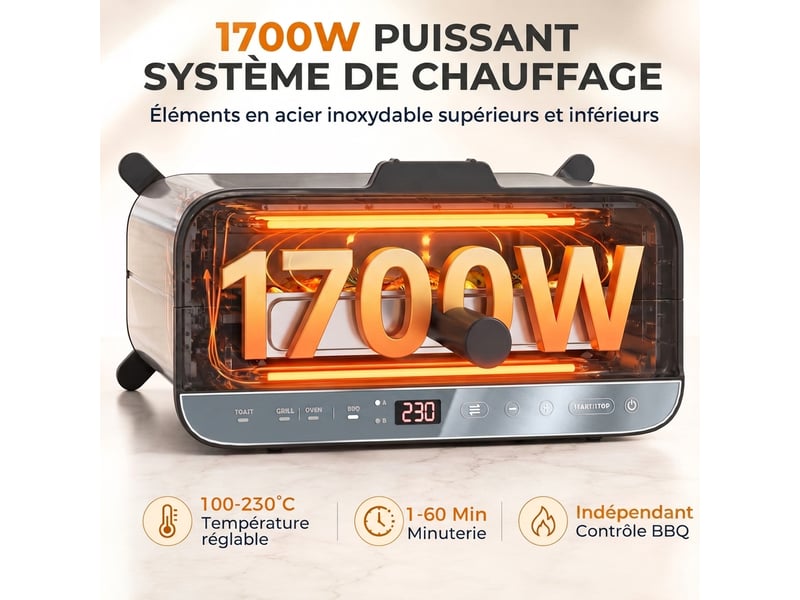  Mini-four électrique 3-en-1 1700 w, grille-pain à fente longue, gril de table 4,9l, écran led, minuterie 60 min, argenté  - Conforama R