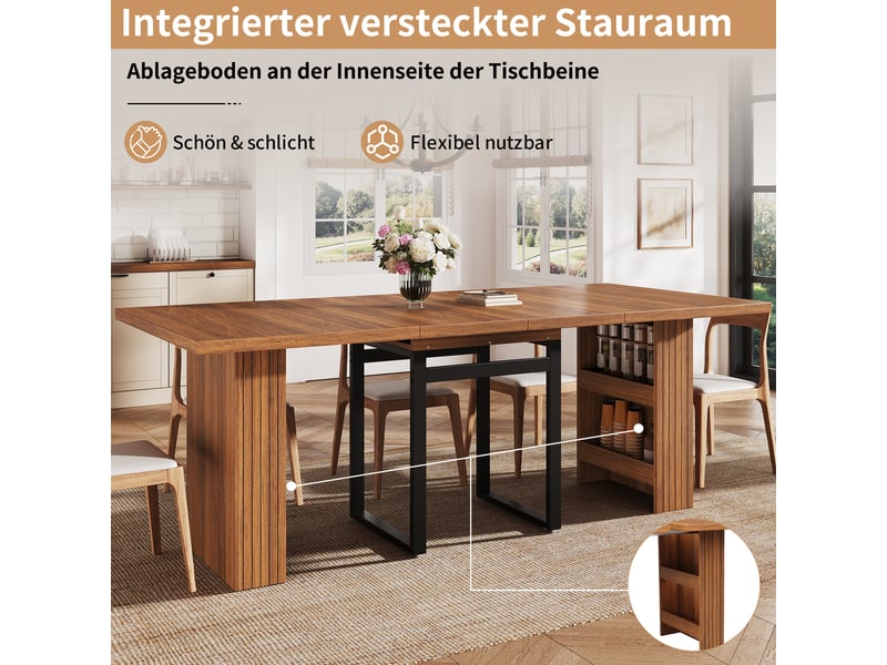 Table extensible pour 2 à 8 personnes avec rangement intégré et pieds métal, cuisine, salle à manger, marron foncé - Conforama D