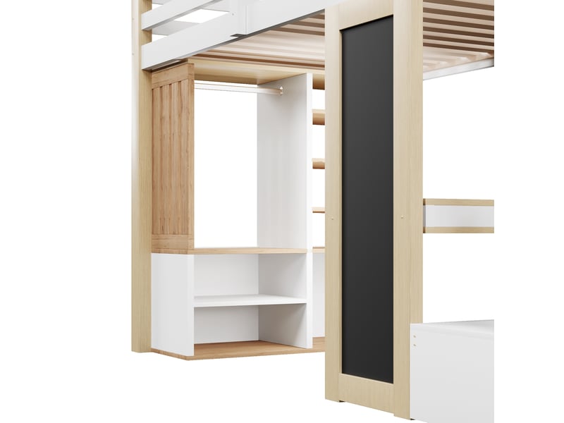  Lit mezzanine 90x200 cm, bureau, armoire, rangements, escalier, led, tableau, mdf et bois, blanc et naturel sans matelas  - Conforama E