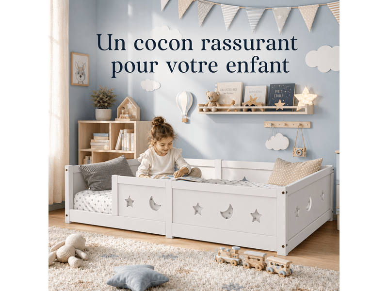Lit enfant lit au sol 90x200cm - lit montessori avec sommier en bois massif - barrières de sécurité en motif étoiles et lune - lit cabane montessori en bois de pin, barrières contre les chutes, cadre de lit au sol, 1 personne – … - Conforama C