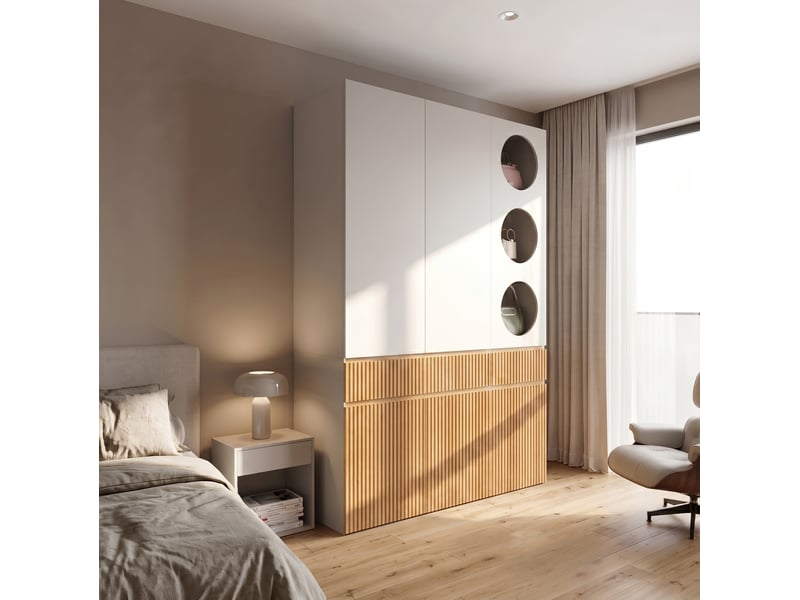 Armoire 6 portes 135 x 50 x 200 cm – gris clair et naturel – penderie, 2 tiroirs et rangements - Conforama B