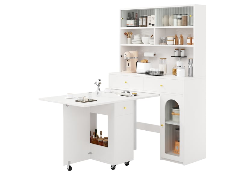  Meuble de cuisine muvano, ensemble avec table pliante et buffet haut blanc à roulettes  - Conforama A
