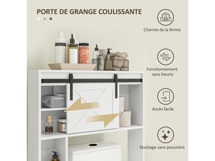 Meuble de rangement au-dessus des toilettes avec porte coulissante, étagère réglable, meuble étagère dessus wc, blanc