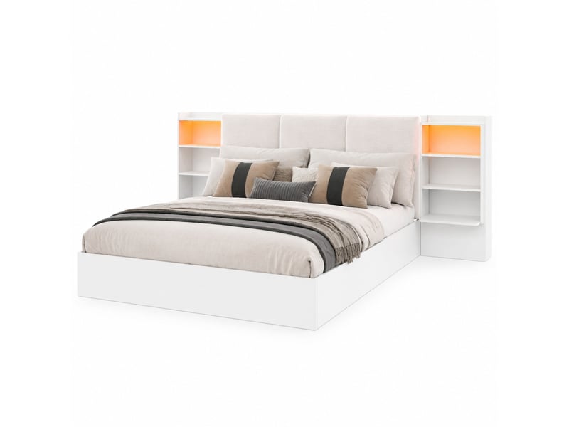  Lit plateforme 180 x 200 cm, éclairage led, rangement, 6 rangements, tête de lit rembourrée, mdf, blanc, sans matelas  - Conforama A