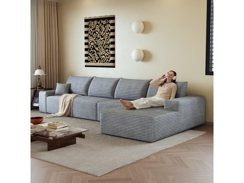  Canapé d'angle modulable 4 places en velours côtelé gris, 340 x 175 x 83 cm, méridienne droite, sans montage, livré compressé, assise profonde CARDUME ESTIVAL - Conforama D
