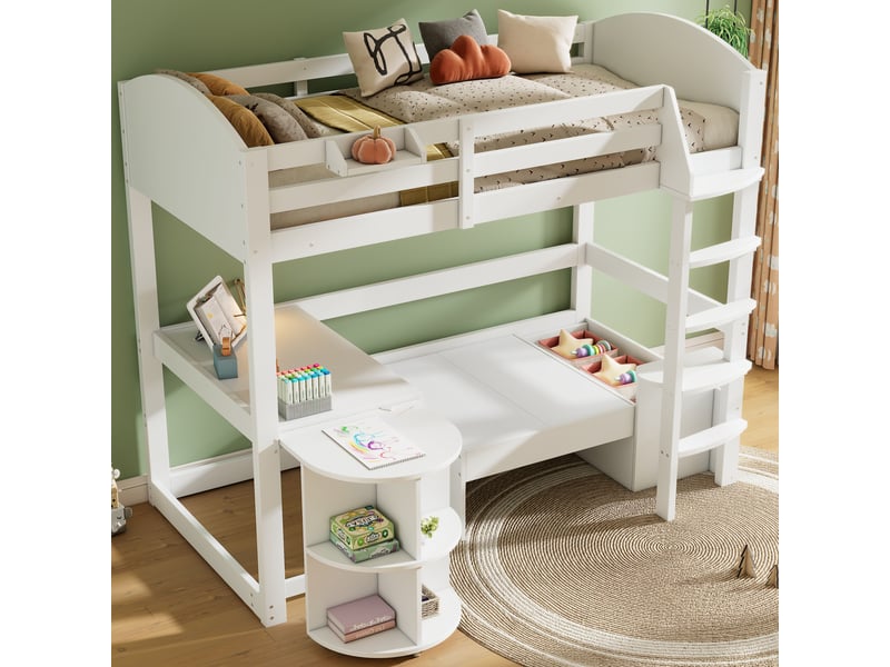  Lit mezzanine enfant 90x200 bois massif blanc avec bureau escamotable canapé et rangement  - Conforama B