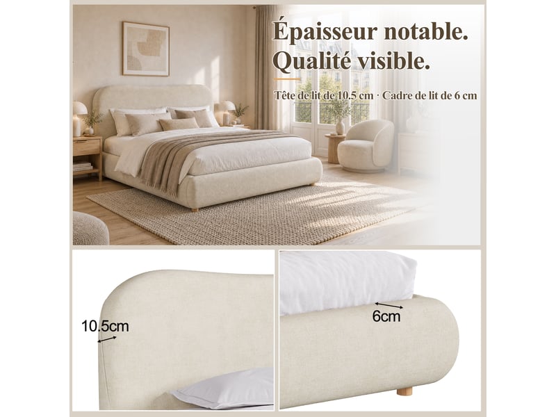  Lit coffre 160x200 cm beige, tissu chenille, sommier relevable hydraulique, tête de lit rembourrée 10,5 cm, pieds en bois massif, sommier à lattes inclus  - Conforama E