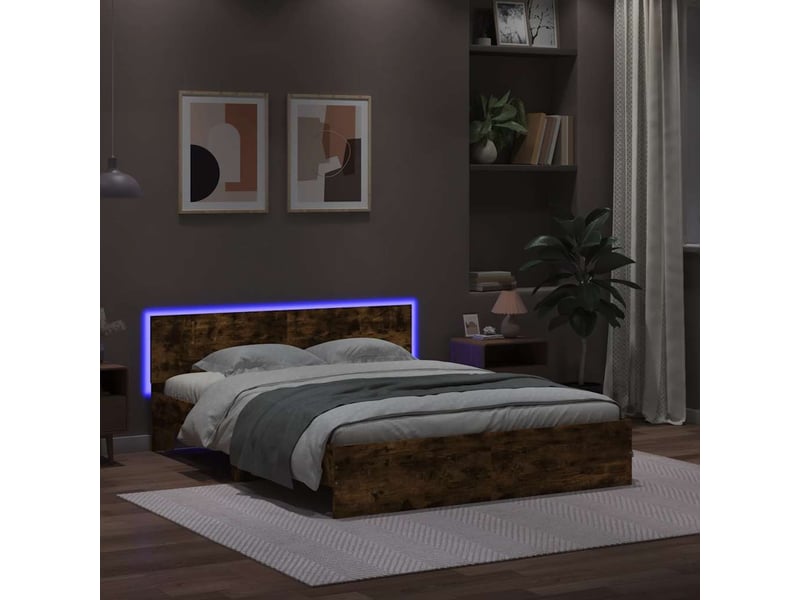  Lit double- lit adulte -  cadre de lit avec tête de lit et led chêne fumé 150x200 cm  - Conforama B