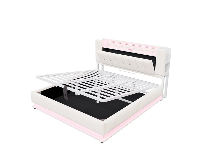  Lit double rembourré 180 × 200 cm avec éclairage led, ports usb, rangement hydraulique, revêtement velours beige et cadre métallique  - Conforama W