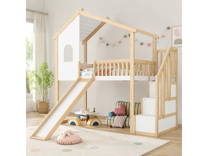  Lit mezzanine enfant 90 x 200 cm avec toboggan et escalier de rangement naturel + blanc  - Conforama C