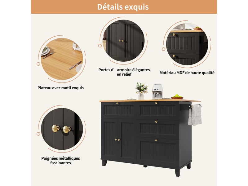  Desserte de cuisine à roulettes avec porte rabattable et pieds réglables en hauteur, en mdf et métal noir  - Conforama E