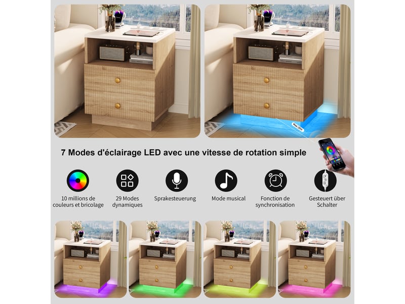 Lot de 2 tables de chevet style bois naturel, table d’appoint avec éclairage led multicolore, station de charge 2 prises secteur + usb‑cusb, 2 tiroirs + compartiment ouvert - Conforama D