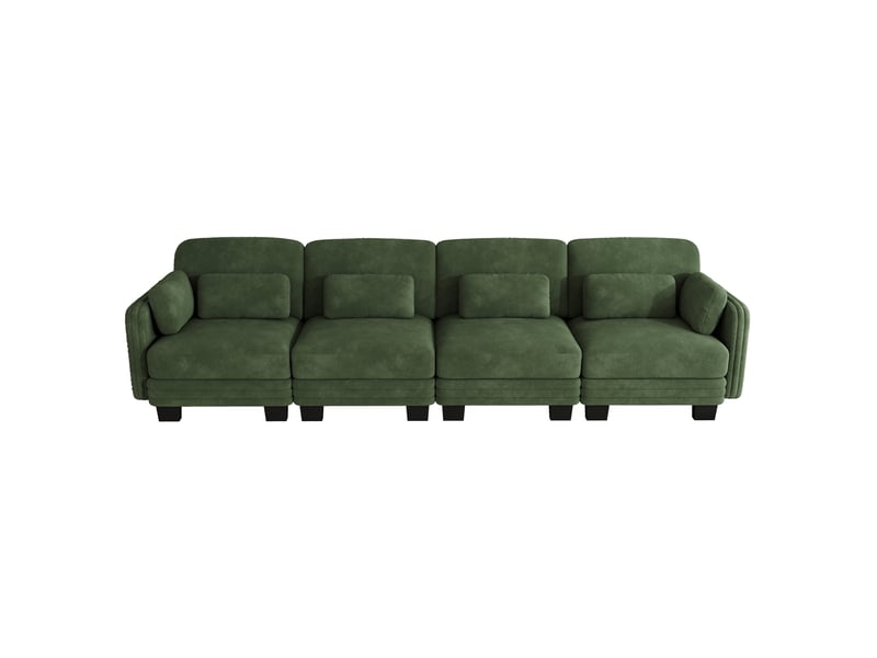 Canapé modulable 4 places vert en chenille, assise ergonomique avec coussins lombaires et d’accoudoirs, pour salon et appartement - Conforama A