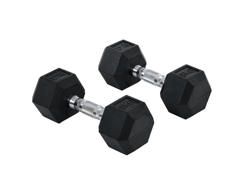 Lot de 2 haltères hexagonaux de 8 kg en métal noir, poignées moletées, pour l'entraînement à domicile - Conforama A