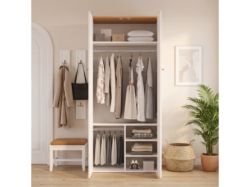 Armoire penderie 90x50x200cm,meuble de rangement avec tringles et 4 étagères,portes battantes,blanc ABC - Conforama E