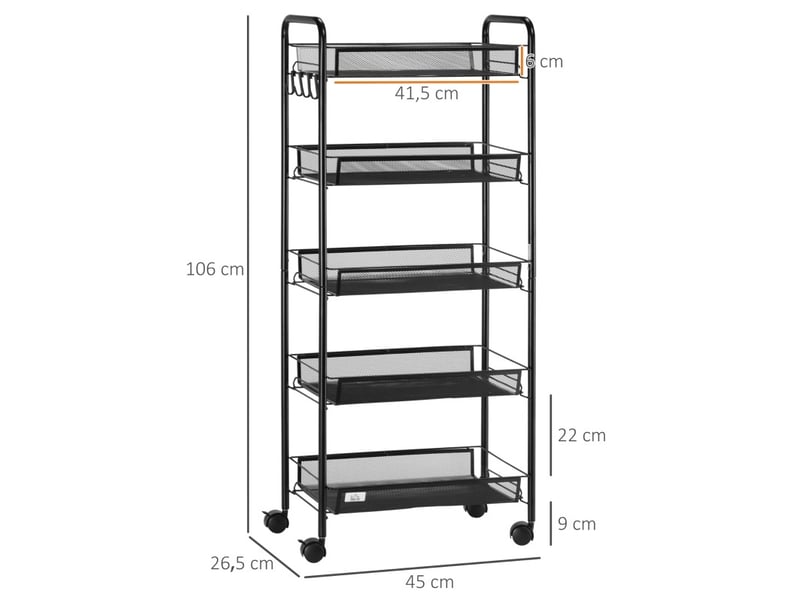 Desserte de cuisine 45x26,5x106 cm – noir – 5 paniers en acier, roulettes freinées et crochets amovibles  - Conforama C