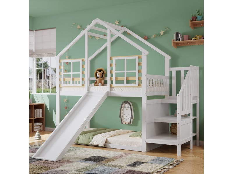  Lit cabane blanc 90x200 cm en bois massif, toboggan, échelle, toit à fenêtres et espace inférieur libre sans sommier  - Conforama B
