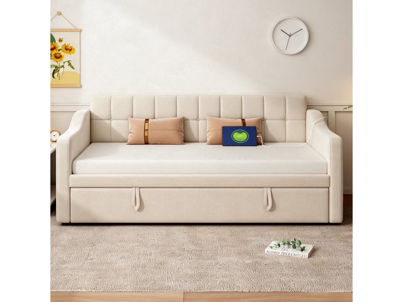  Canapé-lit convertible 90/180x190 cm, tiroir gigogne, rangements, ports usb, velours beige, sans matelas  - Conforama W