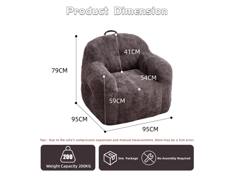 Fauteuil pouf 95x95x79 cm, garniture en éponge déchiquetée, revêtement fausse fourrure avec accoudoirs, pour salon, chambre ou lecture, gris foncé Sol Morn - Conforama C
