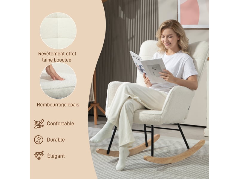  Fauteuil à bascule en tissu effet laine bouclée blanc 71 x 98 x 101 cm  - Conforama E