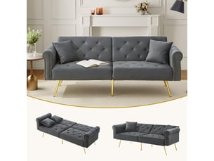 Canapé 2 places, avec couchage d'appoint, dossier réglable, en velours, coloris gris antique, l173 x p75 x h70 cm, gain de place