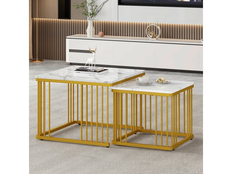  Lot de 2 tables basses gigognes carrées effet marbre brillant - pieds dorés 60x60cm  - Conforama C