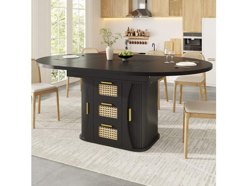 Table à manger extensible 118-158x118x77cm avec rangement et tiroirs en rotin, finition noire, plateau aggloméré, usage cuisine, salon - Conforama E