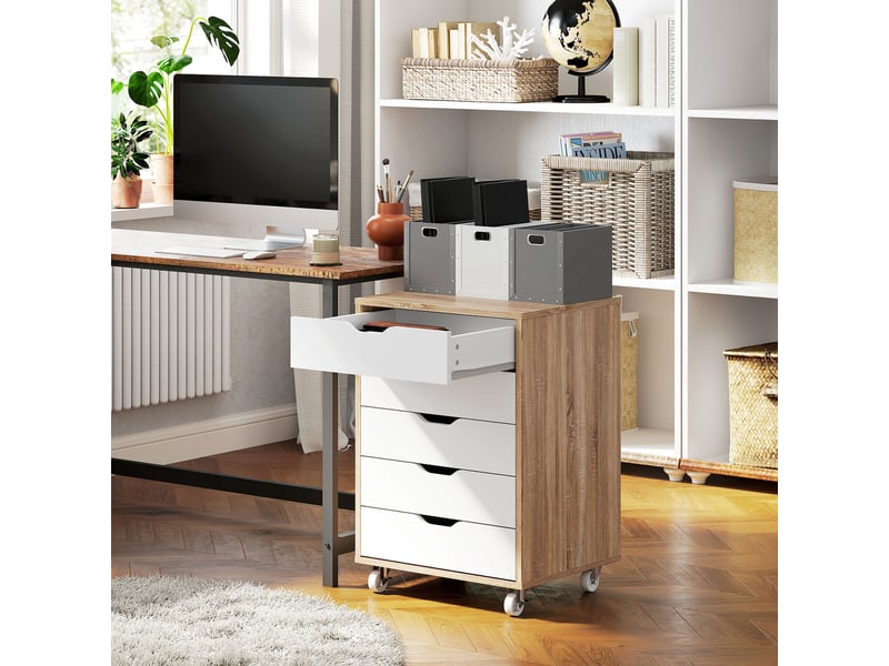  Caisson bureau mobile | meuble de rangement sur roulettes 5 tiroirs 47,5x39,5x67,5 cm blanc et chêne  - Conforama D