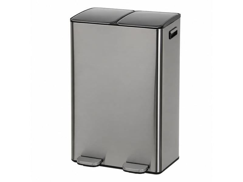 Poubelle de tri sélectif rectangulaire 60l (2x30l) à double compartiment en métal chrome anti-traces avec deux pédales indépendantes - longueur 45 x profondeur 36 x hauteur 71,5 cm - Conforama A