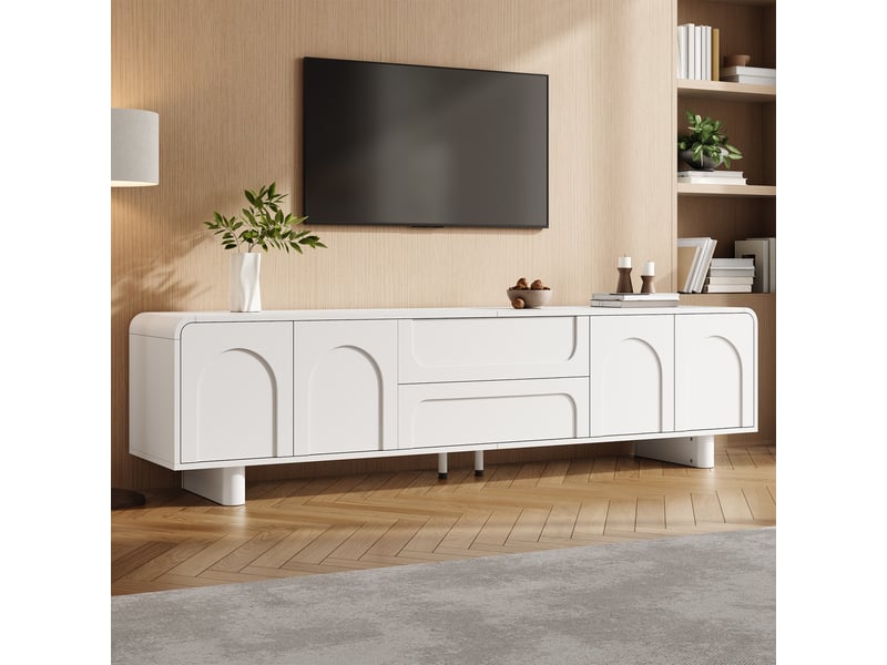  Meuble tv 180 cm blanc design minimaliste avec portes et tiroirs, bords arrondis, rangement salon  - Conforama R