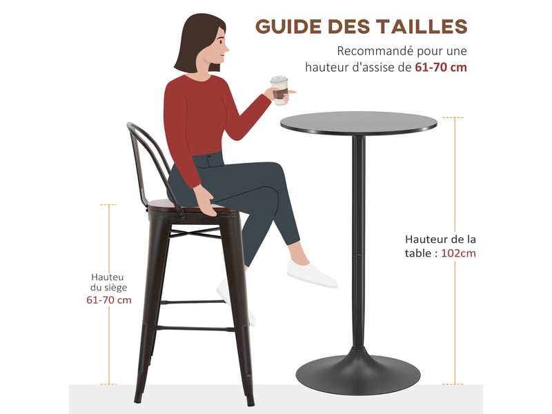  Table de bar ronde table de bistro mange-debout table de cuisine style contemporain plateau peint et cadre en acier  - Conforama W