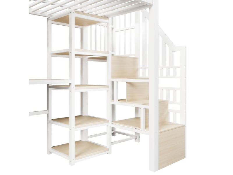  Lit mezzanine 90x200cm métal blanc avec bureau, étagères, escalier rangement - lit 1 place - éclairage led, port usb, gain de place  - Conforama D