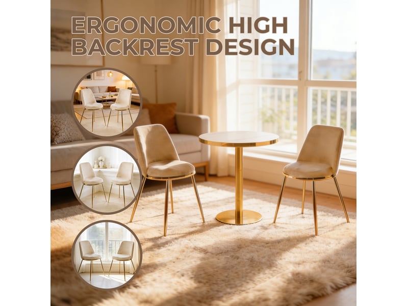  Lot de 2 chaises de salle à manger 56x47x82 cm, dossier haut, design moderne chic, piètement en métal, revêtement velours, teinte crème blanc  - Conforama E
