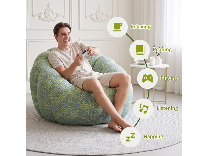  Fauteuil poire bubble en forme de fleur, tissu jacquard tricoté jaune et gris  - Conforama D