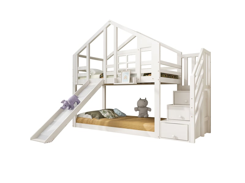  Modenvie lit superposé cabane enfant 90x200 cm - avec toboggan et rangements, sans matelas - blanc  - Conforama A