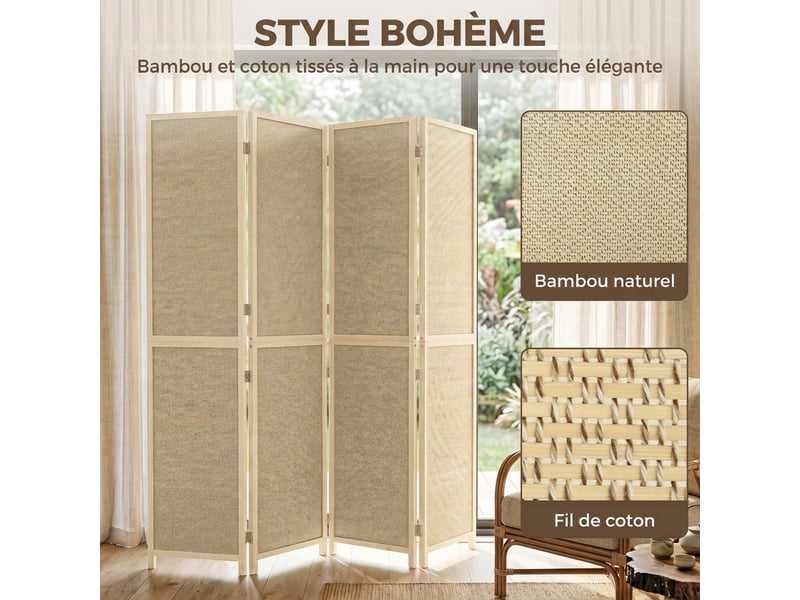  Paravent interieur en bambou 4 panneaux 180x180cm, séparateur de pièce pliable et portable, style bohème, bois naturel  - Conforama D