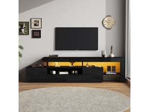 Meuble tv - 192x37x53cm - pour tv jusqu'à 85 - laqué brillant avec éclairage led rgb, 3 portes et niches - noir