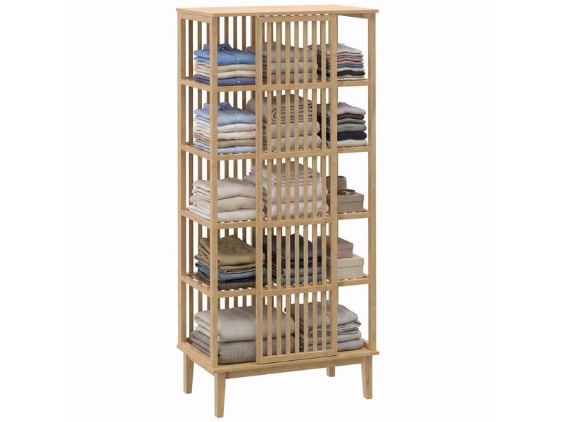  Armoire en bambou à 5 étagères et porte coulissante, design ajouré, bois naturel  - Conforama A