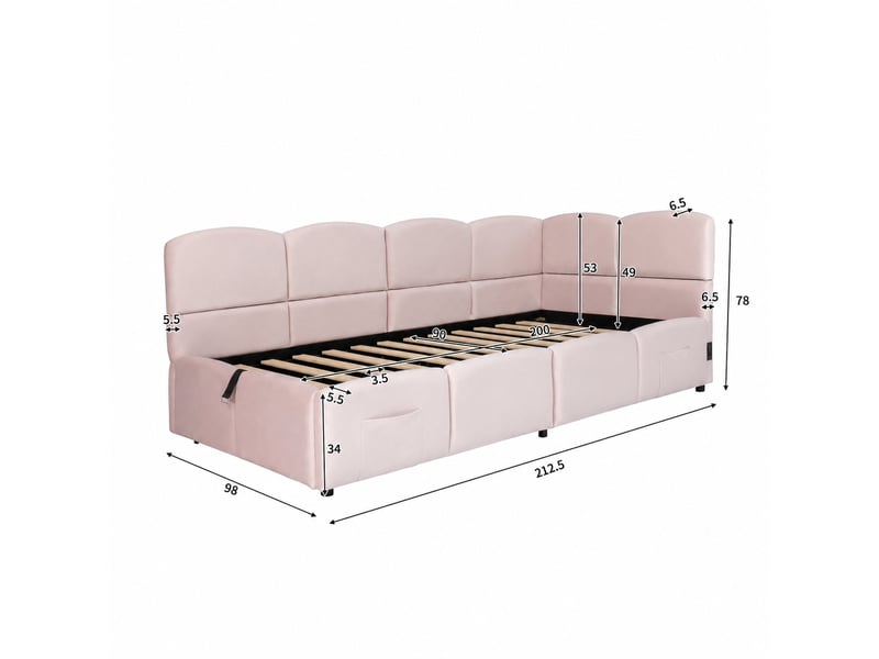  Lit banquette 90x200 cm avec coffre hydraulique et ports usb-ausb-c, velours rose  - Conforama C