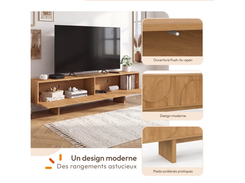 Meuble tv 180 cm arvin 2 portes avec reliefs arrondis bois clair - Conforama C