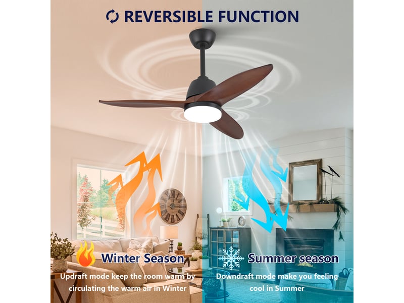  Ventilateur de plafond 107 cm éclairage led 3 couleurs dimmable bois massif noir et noyer foncé réversible silencieux  - Conforama B