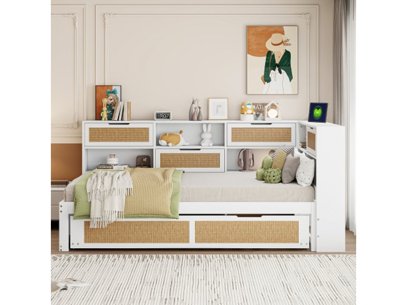  Lit gigogne 90x200 et 90x190, rangement et ports usb et type-c, en bois, blanc, sans matelas  - Conforama B