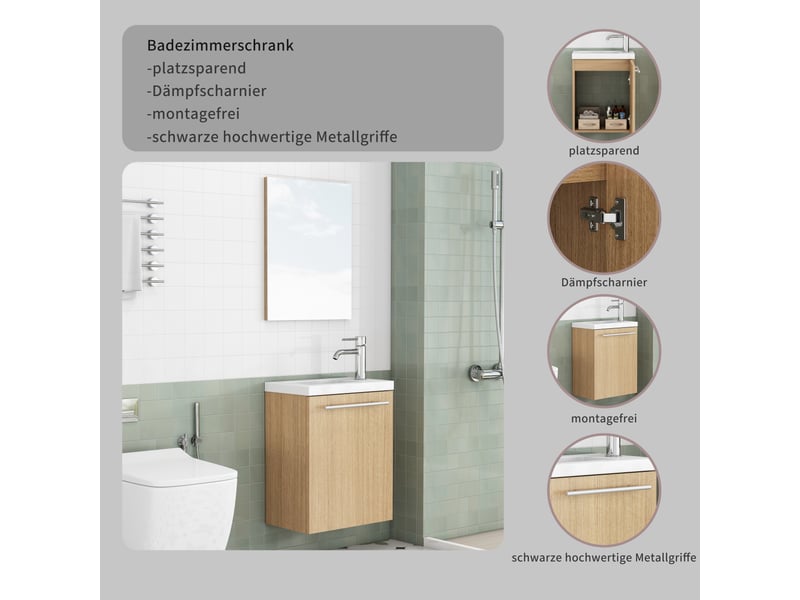  Meuble sous vasque mural avec miroir et vasque en céramique, portes à charnières amorties, salle de bain, mdf, chêne  - Conforama E